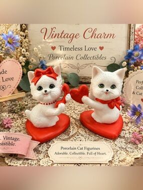 Vintage 1985 Lefton Valentine Kitty Cat Figurines Set of 2 - Kitsch EUC 🐈 🥰
